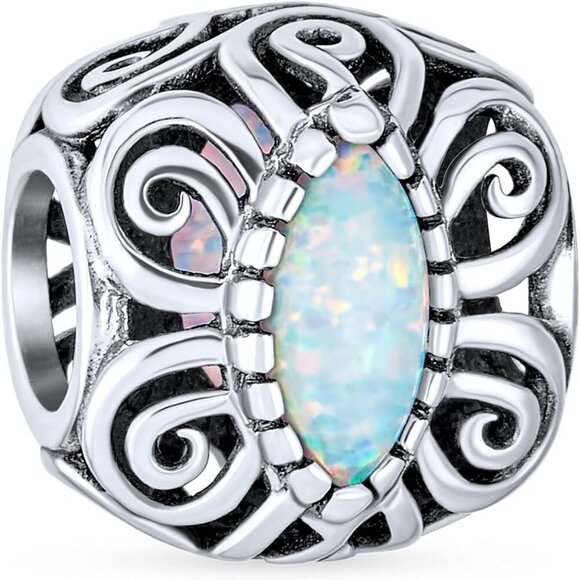 Geometric Pink White Blue Created Opal Inlay Barrel Scroll Milgrain BFF Heart Cr